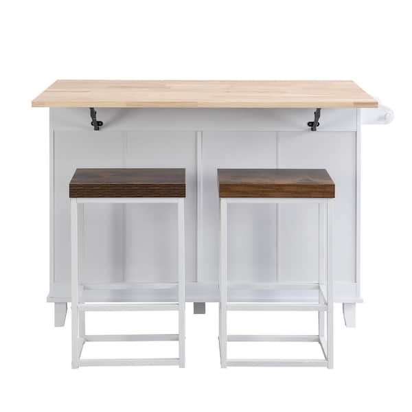 Oasis White Wood 50.3 in. Kitchen Island with Drop Leaf and 2 Seatings, Dining Table Set with Storage Cabinet, Drawers