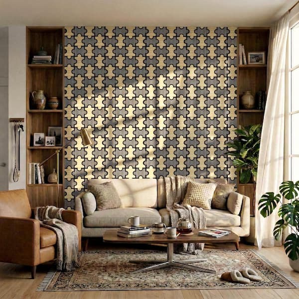 Oak/Gray 0.7 in. x 1.97 ft. x 1.97 ft. Puzzle Acoustic Decorative Wall Paneling (4 Piece/15.5 sq. ft. )