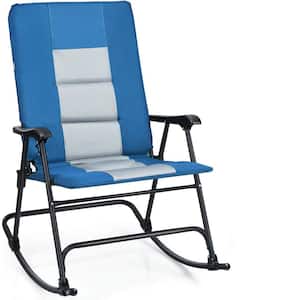 Metal Foldable Padded Portable Camping Outdoor Rocking Chair in Blue with Backrest and Armrest