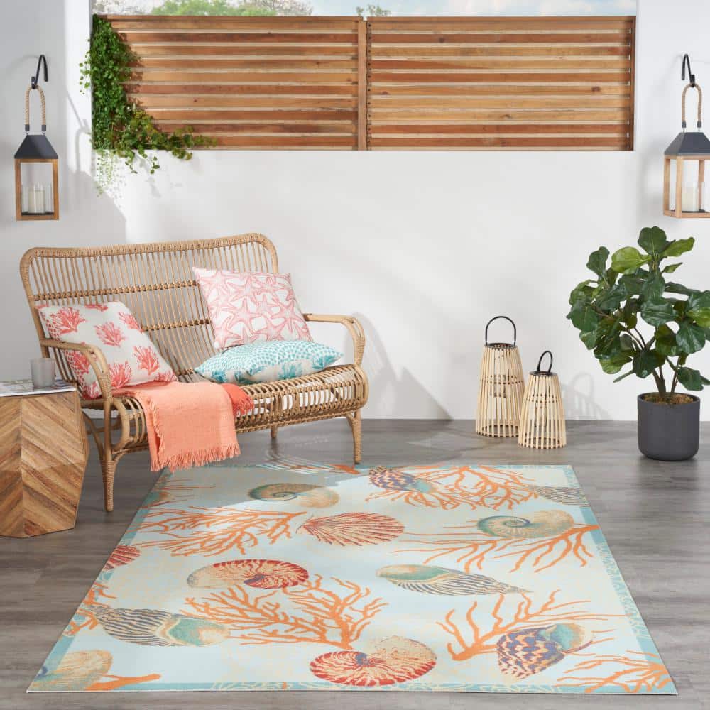 Light Blue Coastal Floral Synthetic Area Rug