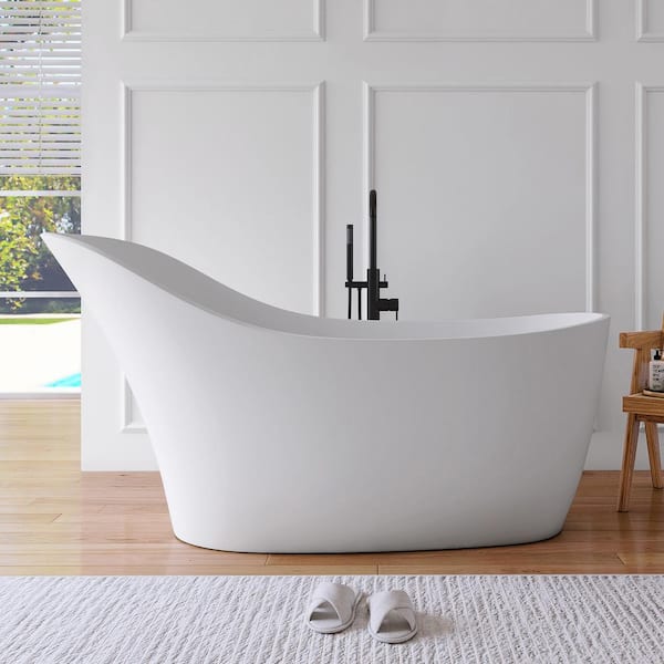 MEDUNJESS 67 in. x 30 in. Highback Stone Resin Solid Surface Matte Flatbottom Freestanding Soaking Bathtub in White