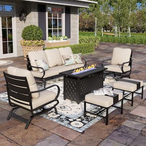 Black Metal Slatted 7 Seat 6-Piece Steel Outdoor Fire Pit Patio Set with Beige Cushions, Rectangular Fire Pit Table