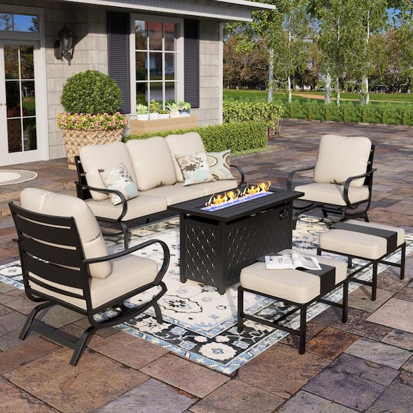 PHI VILLA Black Metal Slatted 7 Seat 6-Piece Steel Outdoor Fire Pit Patio Set with Beige Cushions, Rectangular Fire Pit Table