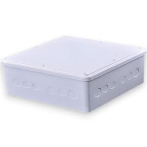 9 in. x 9 in. x 3 in. Junction Conduit Box with 3/4 in. and 1 in. Pre Molded Holes White PVC Plastic Non-Metallic