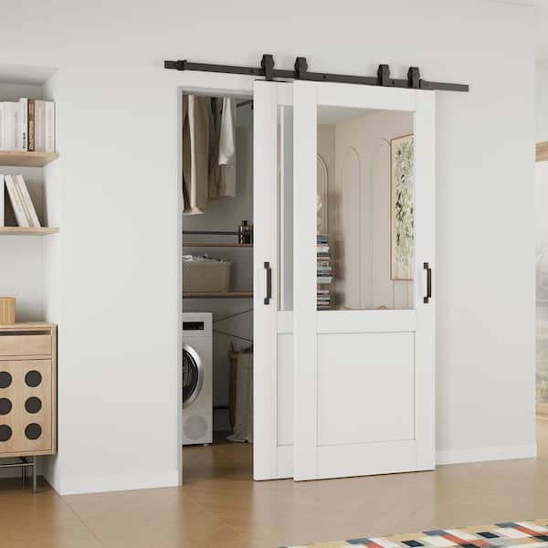 EH PUERTA 56 in. x 80 in. (Double 32 in.) 1/2-Lite Mirrored Glass White Primed MDF Sliding Barn Door with Hardware Kit Bypass