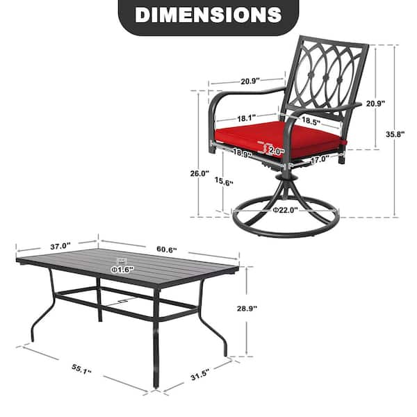 Black 7-Piece Metal Rectangle Outdoor Dining Set with Red Cushions and Umbrella Hole, Swivel Chairs