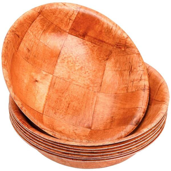 8 in. Round Natural Birch Wood Stackable Woven Salad Serving Bowls in Natural Wood Tone (Set of 8)