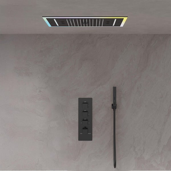 LED Shower System Kit 3-Spray Ceiling Mount 25 in. Fixed and Handheld Shower Head Bluetooth Music in Matte Black