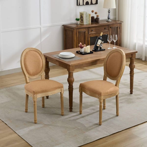 Prunella Tan French Style Solid Wood Upholstered Fabric Dining Chairs (Set of 2) with Linen Fabric Back