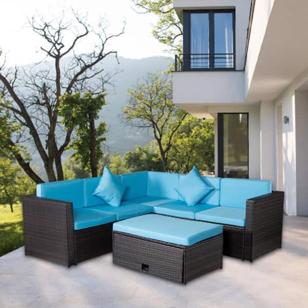 Afoxsos Brown 4-Piece Outdoor PE Rattan Wicker Patio Furniture Set Conversation Sofa Set with Table, Pillows and Blue Cushions