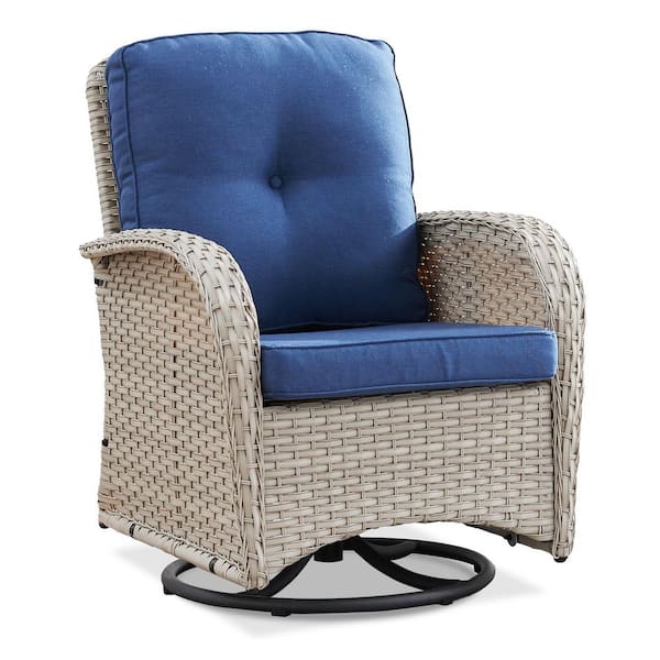 Light Beige Wicker Outdoor Rocking Chair, Patio swivel rocking chair with Blue Cushions for Porch or Balcony (1-Pack)
