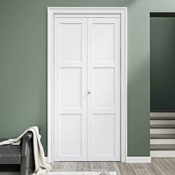 36 in. x 80 in. 3-Lite Solid Core Panel White Primed Composite MDF Interior Closet Bi-Fold Door with Hardware Kit