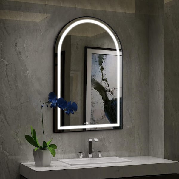 Dovelina 30 in. W x 39 in. H Arched Framed LED Anti-Fog Dimmable Wall Mount Bathroom Vanity Mirror in Black