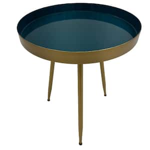 Enid 16 in. Blue and Brass Round Metal Top Side End Table with Sleek Angled Legs