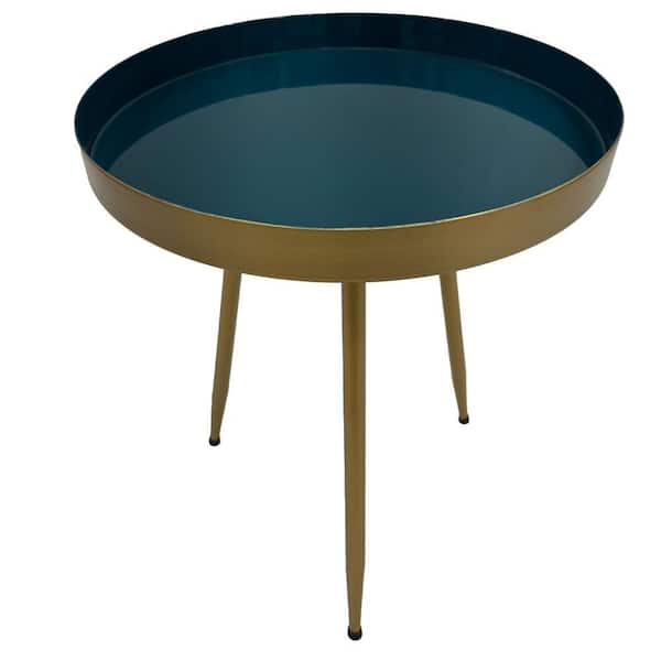 THE URBAN PORT Enid 16 in. Blue and Brass Round Metal Top Side End Table with Sleek Angled Legs