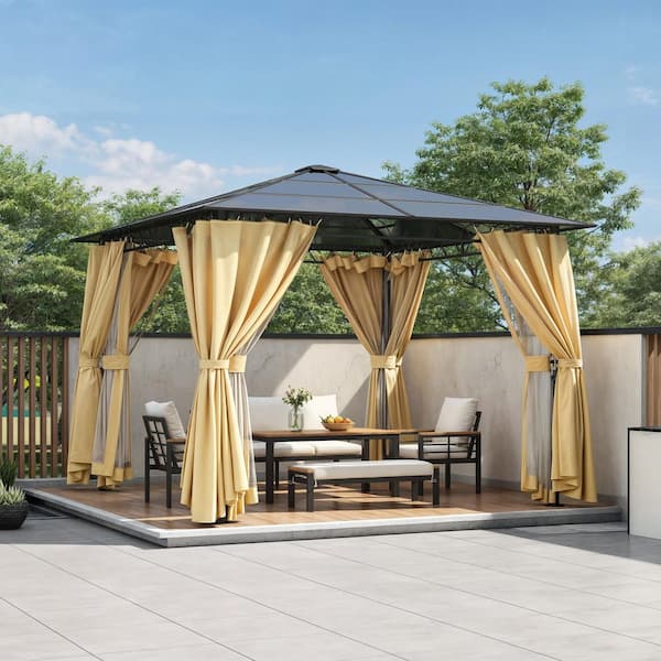 10 ft. x 10 ft. Beige Hardtop Outdoor Gazebo with Polycarbonate Roof, Mosquito Netting, Privacy Screens