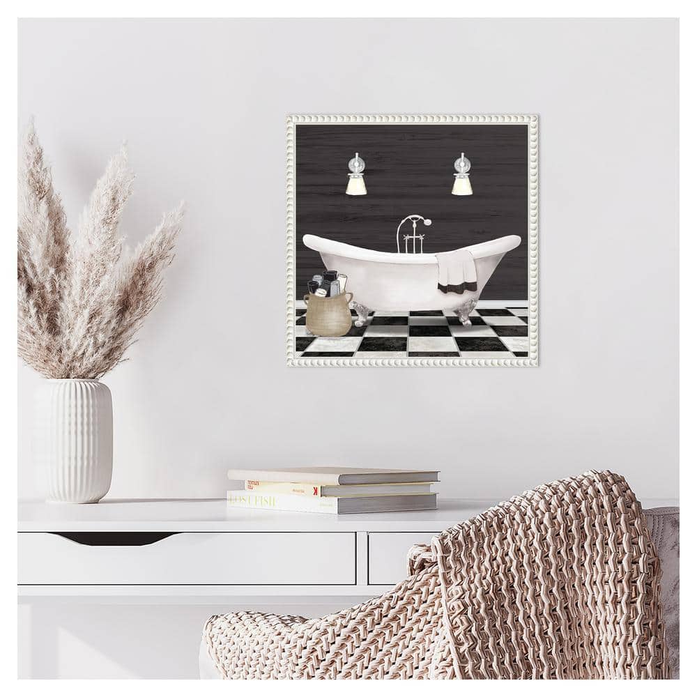 Modern Bathroom I White Canvas Wall Art with Beaded Frame