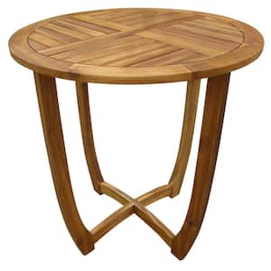 Rustic Design Round Acacia Wood Outdoor Bistro Table with Slat Panels Tabletop and Convex Cross-Stretcher Base in Teak