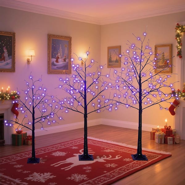 3-Pieces Halloween Spooky Black Tree Arrangement w/ 216 Purple LED Lights, 4 ft. 5 ft. 6 ft. Lighted Halloween Tree Set