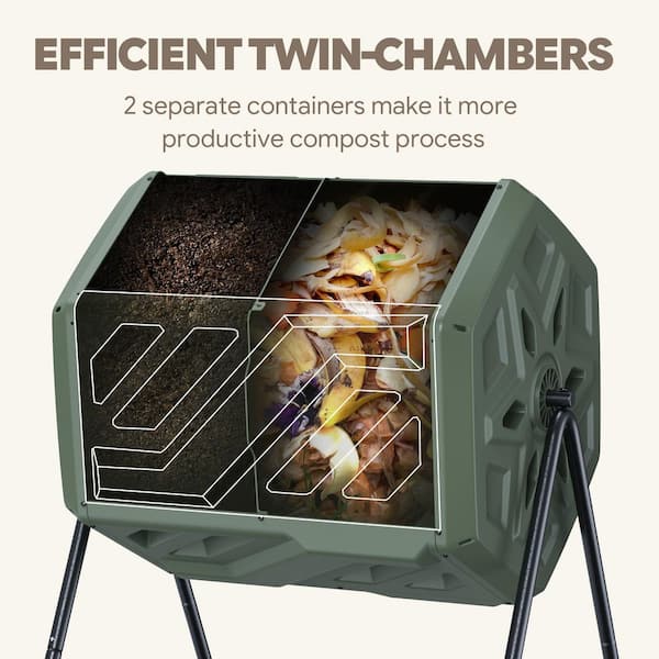 Werph Updated 43 Gal. Dual Chamber Compost Tumbler Outdoor Green Fast Assembly With Gloves