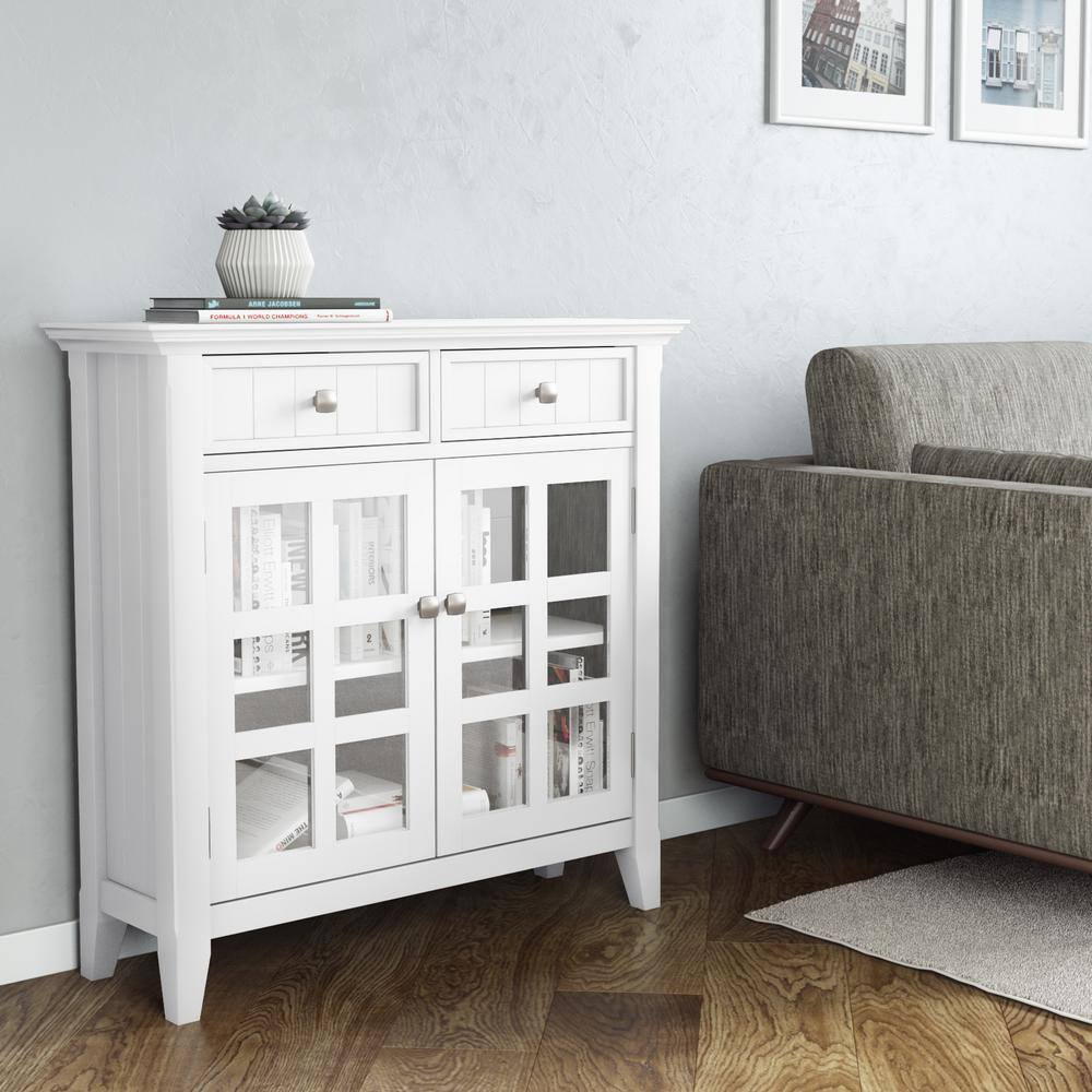 Simpli Home Acadian 36"W Solid Wood 2-Shelf Entryway Storage Cabinet with Glass Doors and 2 Drawers