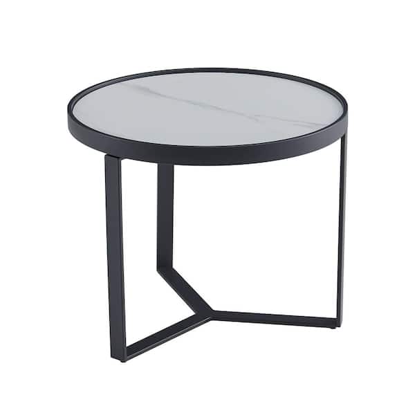 wetiny 23.62 in .Modern coffee table,Black metal frame with round Sintered stone tabletop