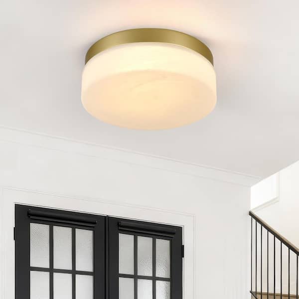 11.4 in. LED Gold Flush Mount With Cloudy Glass Shade Dimmable Ceiling Lamp for Kitchen, Hallway, Stairwell