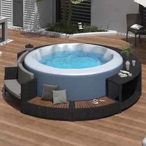 Black 5-Piece Wicker Outdoor Sectional Set Spa Hot Tub Accessories Furniture with Storage and Gray Cushions