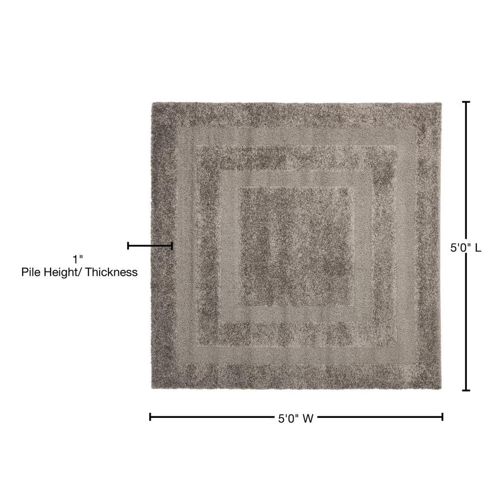 Plush Gray Square Shag Area Rug, Synthetic 5' x 5', Easy Care