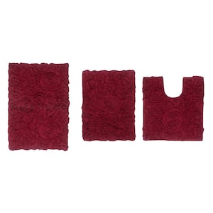 Bell Flower Collection 100% Cotton Tufted Bath Rugs, 3-Pcs Set with Contour, Red