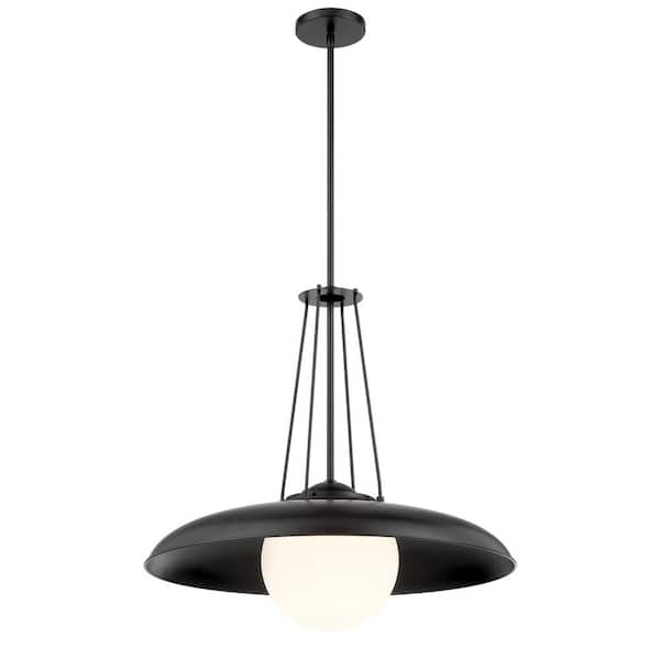 Minka Lavery Schooner Ridge 100-Watt 1-Light Black Shaded Pendant Light with Etched Opal Glass Shade