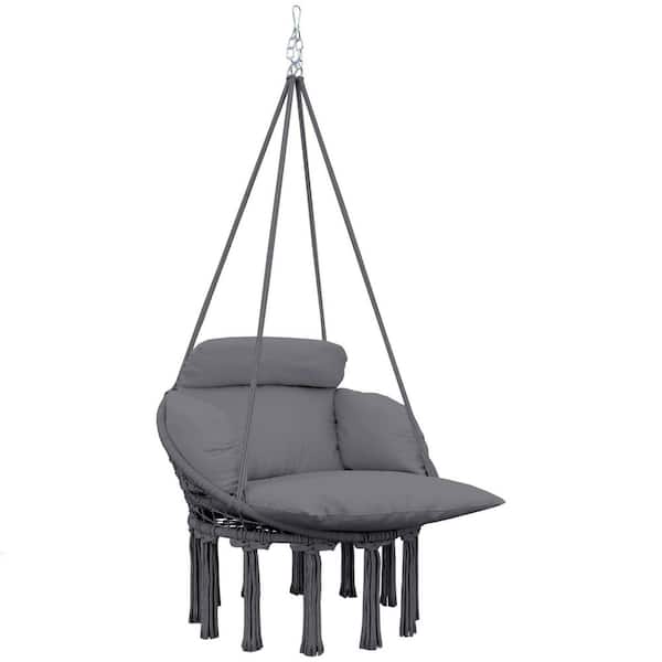 Hammock Swing Chair Outdoor Hanging Chair with Large Cushion Cotton Rope Weaving Macrame Swing with Chain in Dark Gray
