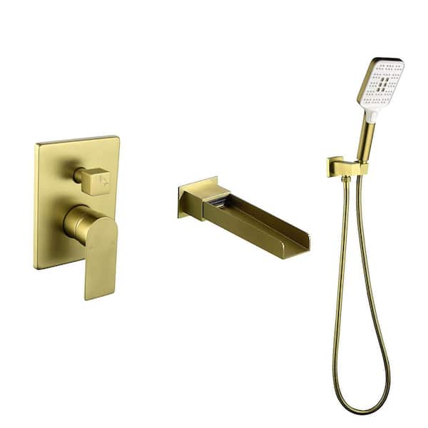 Vara Single-Handle Wall Mount Roman Tub Faucet with 3-Spray Hand Shower and 7.28 in. D Waterfall Spout in Brushed Gold