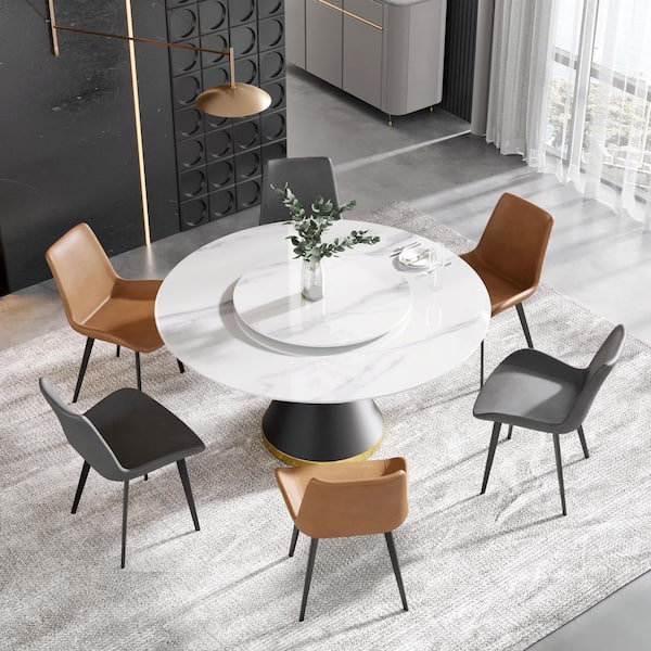 Magic Home 59.05 in. Modern White Round Rotary Lazy Susan Sintered Stone Top Black Carbon Steel Pedestal Dining Table (Seats-8)