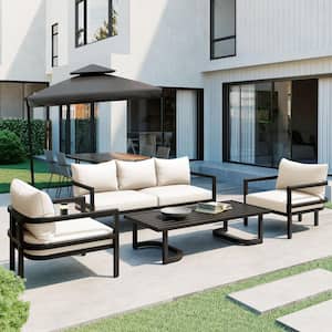 Black 4-Piece Metal and Acacia Wood Table Top Patio Conversation Set with Beige Cushions and Pillows