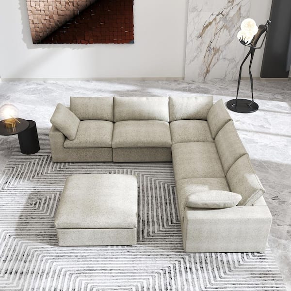 120 in. Square Arm L Shaped Linen 7-Seat Deep Seat 6-Piece Sectional Sofa Light Brown for Living Room and Spacious Space