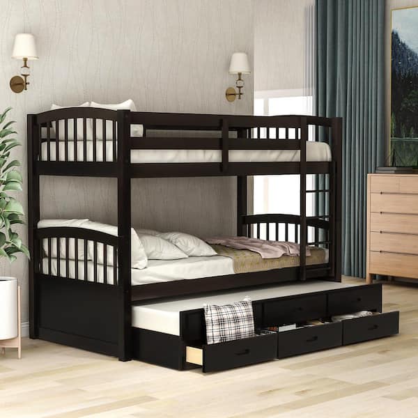 Qualler Espresso Twin Bunk Bed With Trundle And 3 Drawers BEW000093P ...