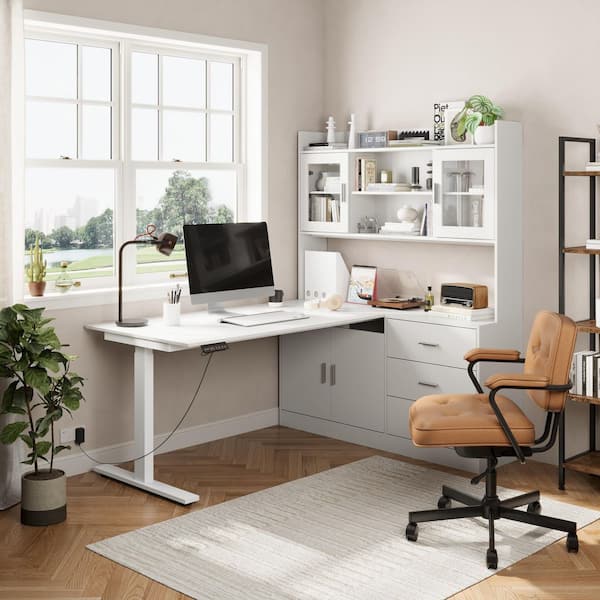 エルフモール FUFU&GAGA 68.5 in. W L-Shaped White Wood 3-Drawer Electric