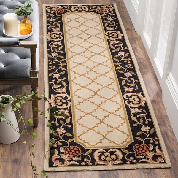 Ivory Black Safavieh Easy Care Collection EZC753A Hand-Hooked Runner 2'6 x 8' 