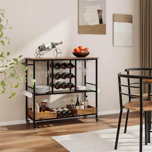 Rustic Brown 3-Tiers Bar Cart Home Serving Cart on Wheels with Glass Racks Wine Holders