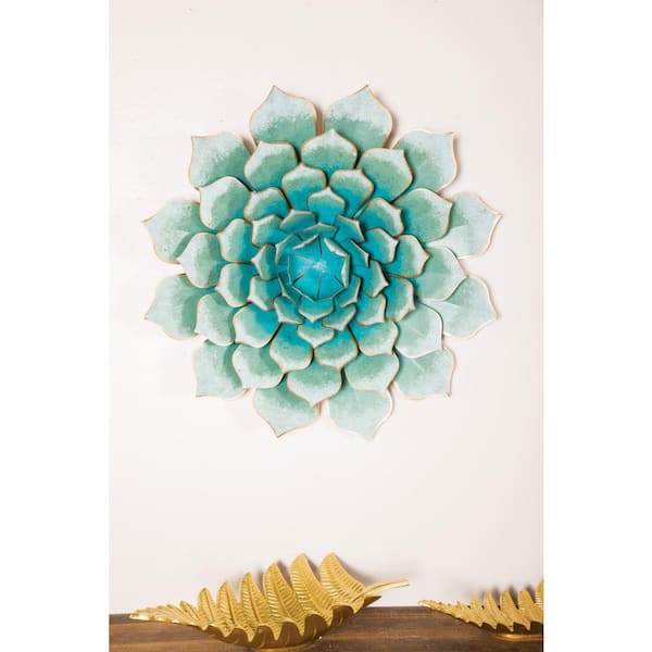 Litton Lane 23 in. x 23 in. Metal Teal Floral Wall Decor