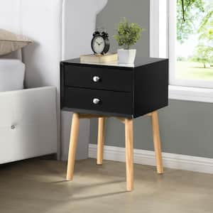 Black Nightstand with 2 Drawer and Rubber Wood Legs, Side Table, for Bedroom Living Room（15.7"W X 15.7"D X 24"H)