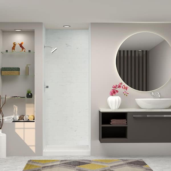 Transolid SaraMar 36 in. x 36 in. x 96 in. 3-Piece Easy Up Adhesive Alcove Shower Wall Surround in White Venito