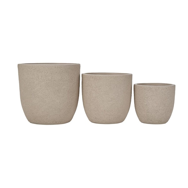 Zion 16.93 in. Dia Beige Round Lightweight Concrete MGO Outdoor Planter Flower Pot with Drainage Holes, (Set of 3)