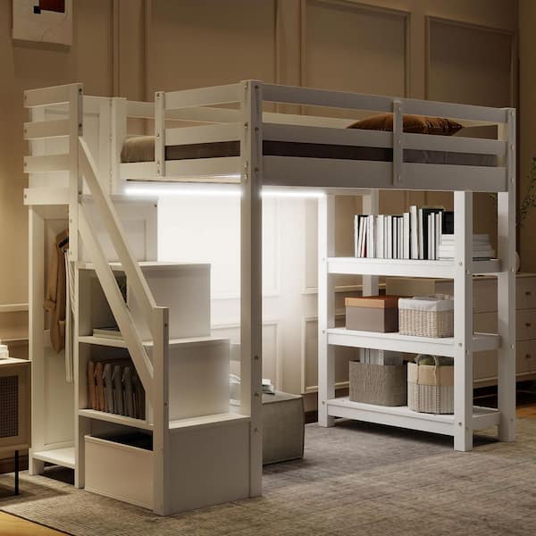 White Twin Size Wood Loft Bed with Shelves, Storage Staircase, Small Wardrobe and White LED Light