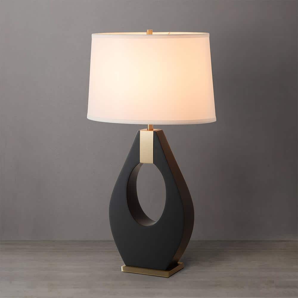 Ebony and Weathered Brass Table Lamp with White Linen Shade