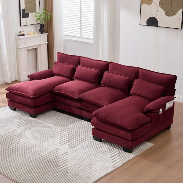 108 in. Modern Chenille 4-Piece U-Shaped Sectional Sofa With Double Chaise And Pillow Back in Claret Red