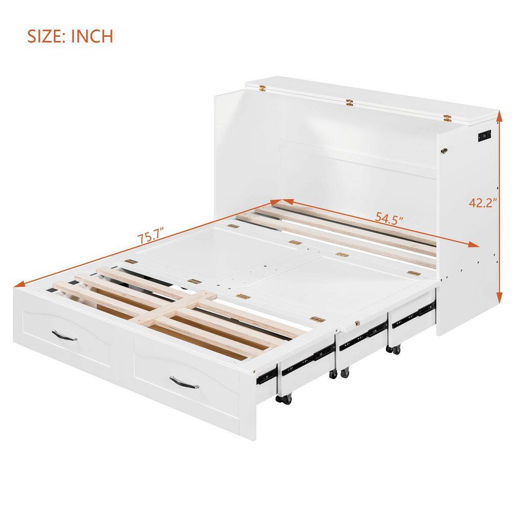 White Wood Frame Queen Size Murphy Bed with Built-in Charging Station, Pulleys and Sliding Rails Design, 2-Drawer - thumbnail 8