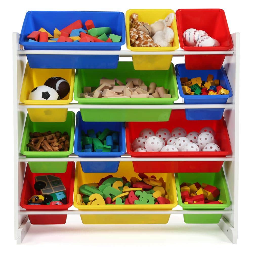 White and Primary Kids' Toy Storage Organizer with 12 Plastic Bins
