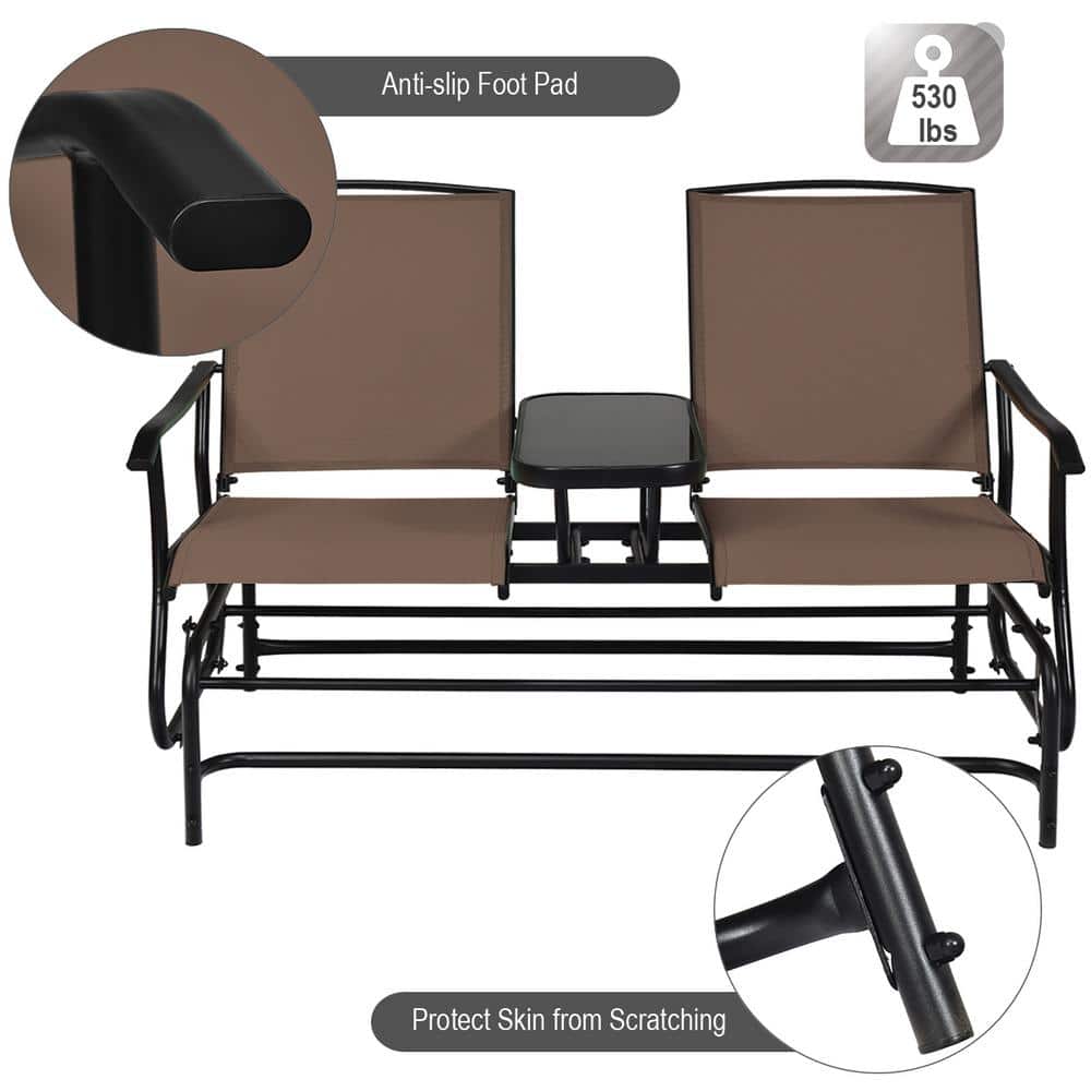 Ergonomic Steel and Glass Outdoor Double Glider Loveseat in Brown